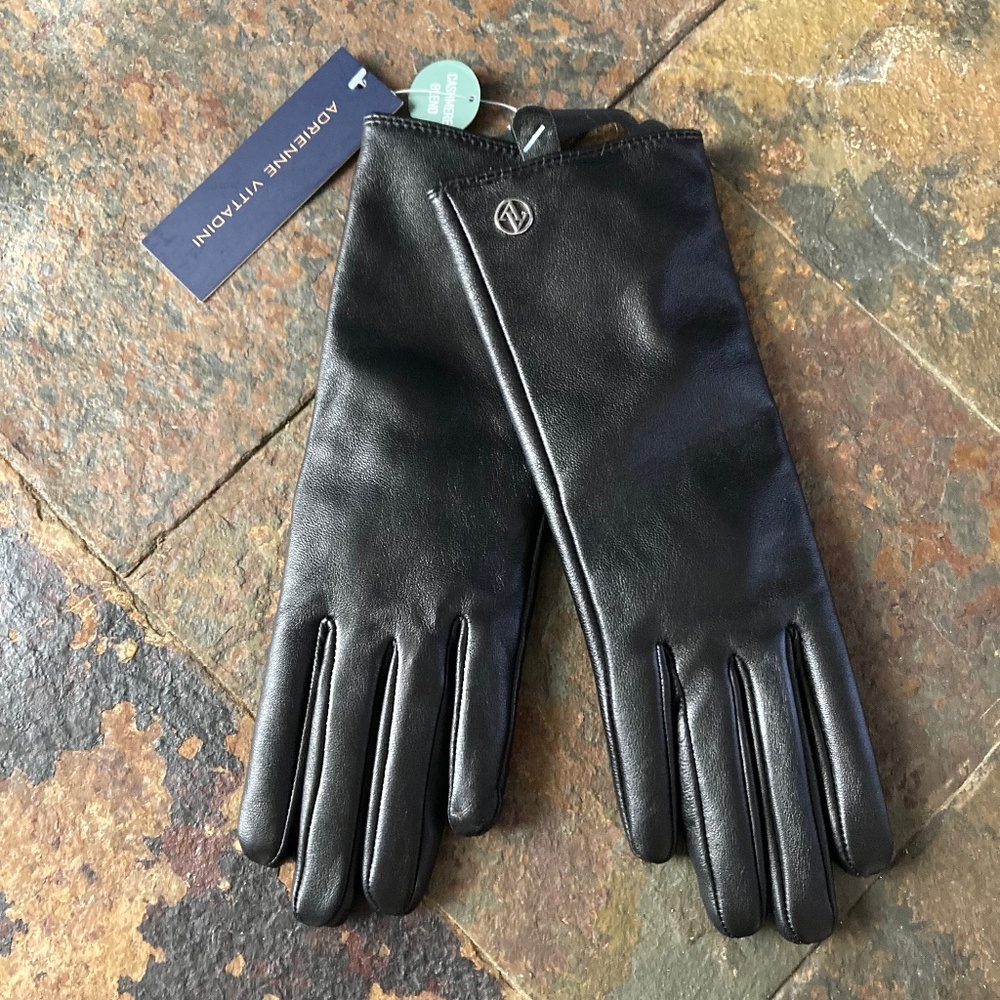 =^.^= NWT Adrienne Vittadini Black Leather Gloves Cashmere Quiet Luxury Warm SzS